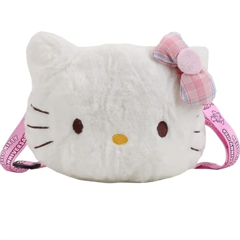 Pink white Hello Kitty over the shoulder plush purse bag with zipper and strap